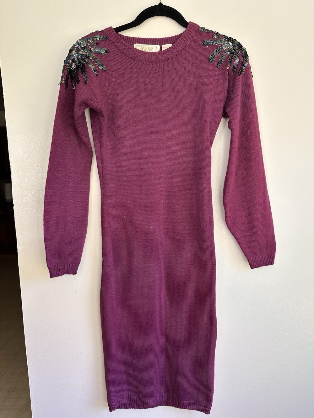 Vintage 90s PHR Basics Woman’s Size Medium Purple Sweater Dress Sequin Shoulder